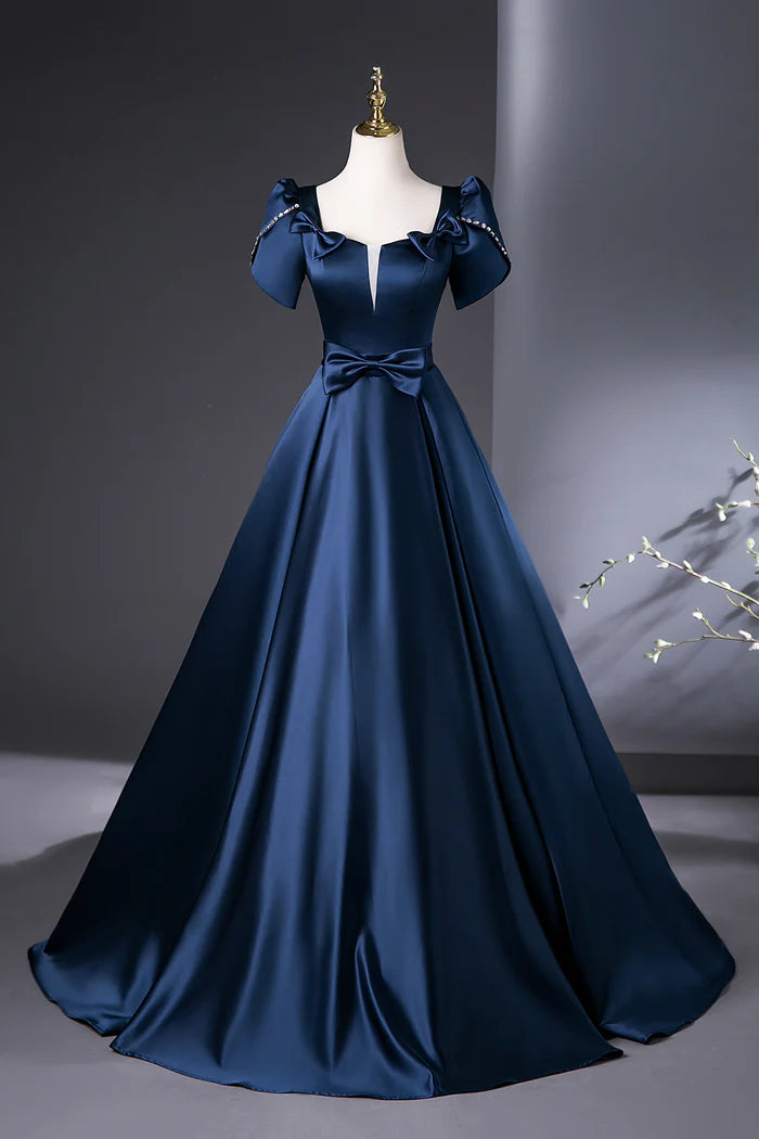Navy Satin Long Prom Dress, A-Line Short Sleeve Evening Party Dress